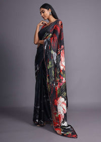 Black Saree In Satin Blend With Floral Print And Scattered Kundan Work Online - Kalki Fashion