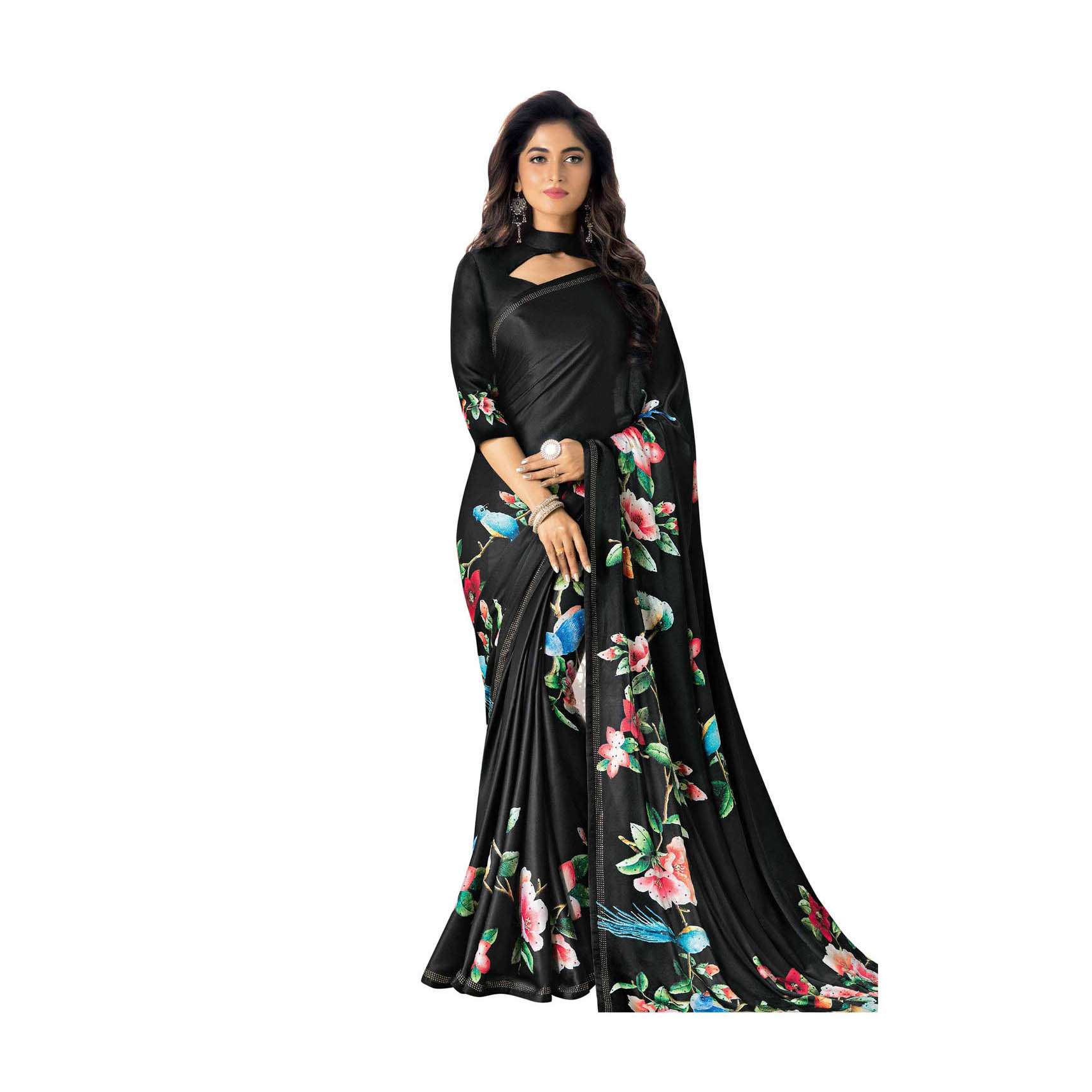 Black saree in satin with border enhanced in floral motif digital print 