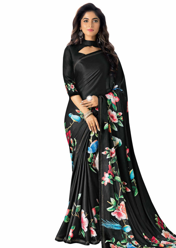 Black saree in satin with border enhanced in floral motif digital print