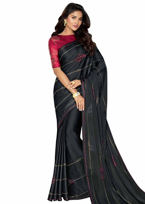 Black saree in satin with kundan work and red piping border