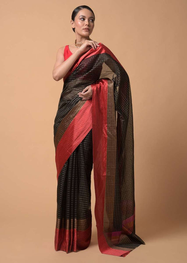 Black Saree In Zari Kota Silk With Woven Checks And Contrasting Striped Red Border