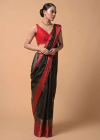 Black Saree In Zari Kota Silk With Woven Checks And Contrasting Striped Red Border