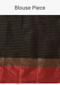 Black Saree In Zari Kota Silk With Woven Checks And Contrasting Striped Red Border