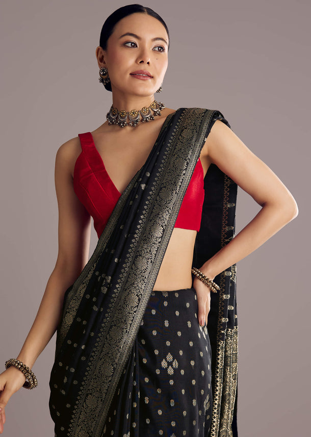 Black Saree With Woven Buttis In Brocade Weave