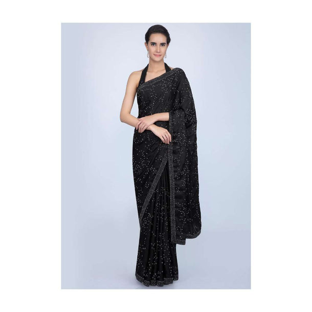 Black Saree In Satin With Embroidered Lower Bottom And Pallu Online - Kalki Fashion