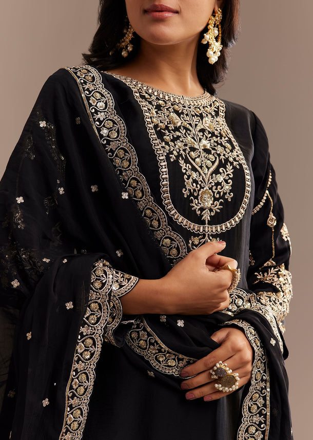 Black Satin Zari Embroidered Dhoti Kurta Set