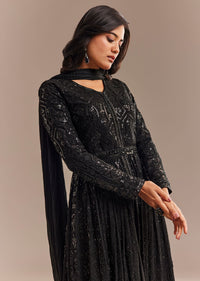 Black Sequined High Slit Anarkali Set