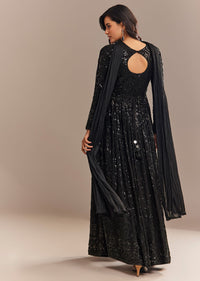 Black Sequined High Slit Anarkali Set