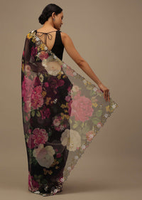 Black Organza Saree With Floral Print And Scallop Borders