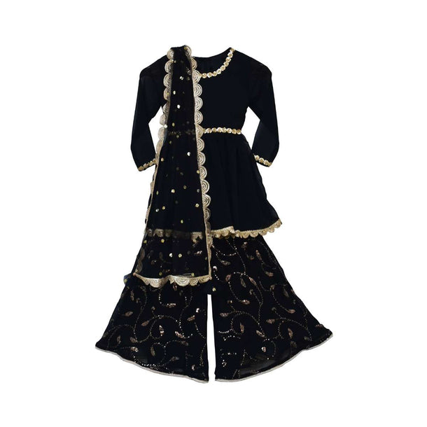 Black Sharara Suit With Sequins Embroidery In Floral Jaal By Fayon Kids