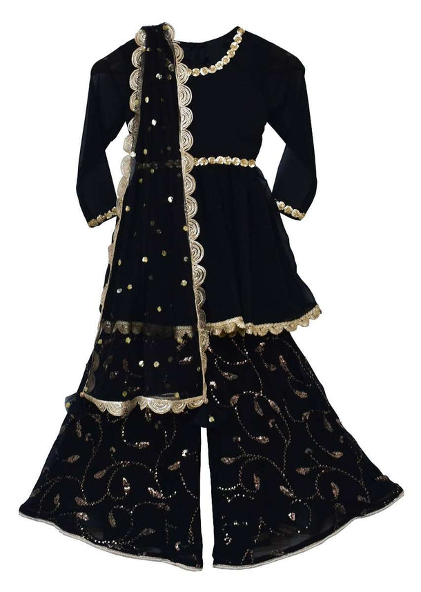 Black Sharara Suit With Sequins Embroidery In Floral Jaal By Fayon Kids