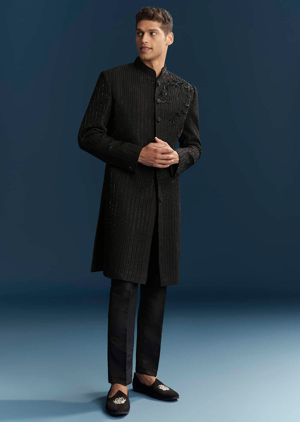 Black Silk Indo Western Set For Men With Patch Work And Embroidery