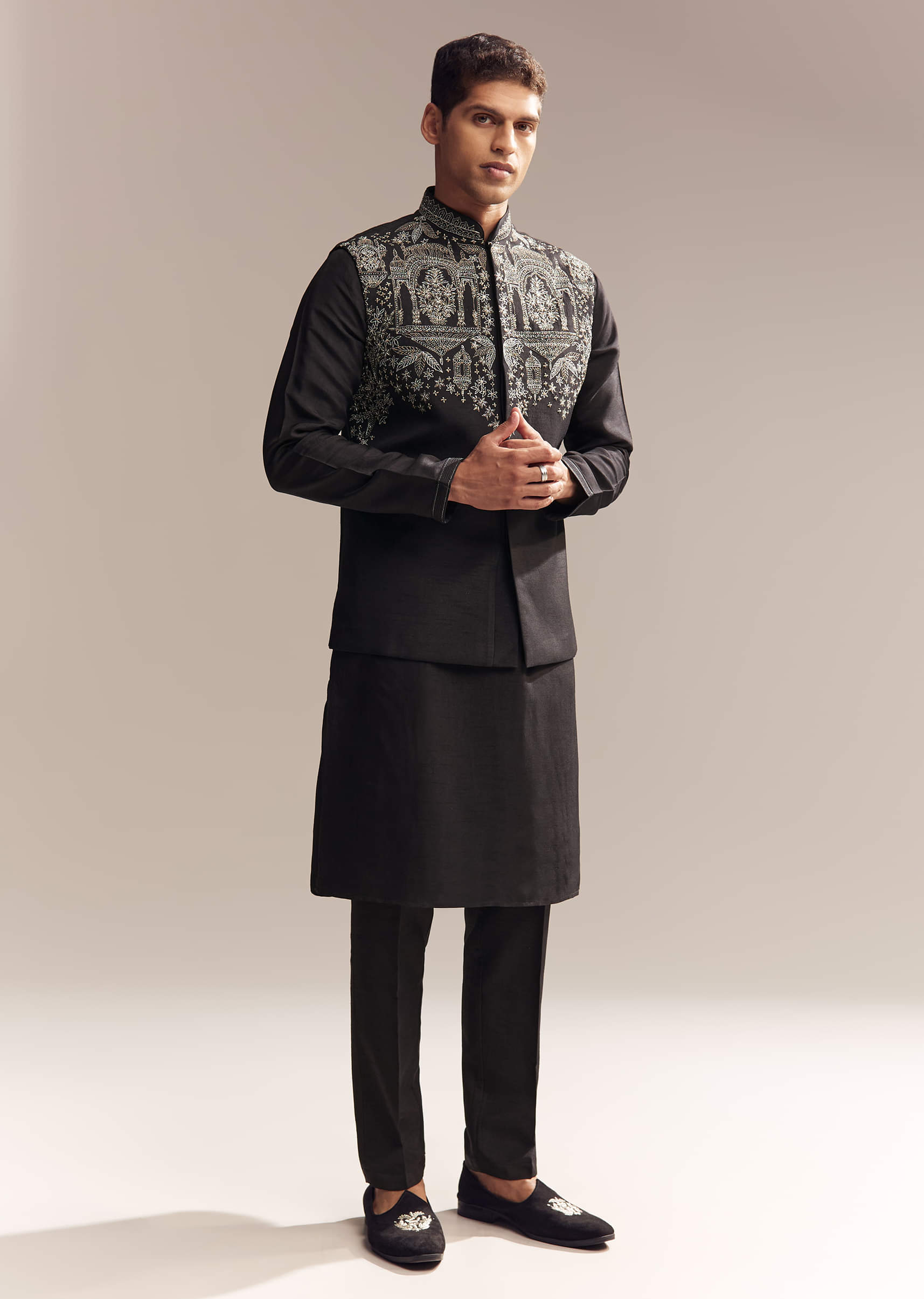 Black Silk Kurta Jacket Set For Men With Zari Cut Work