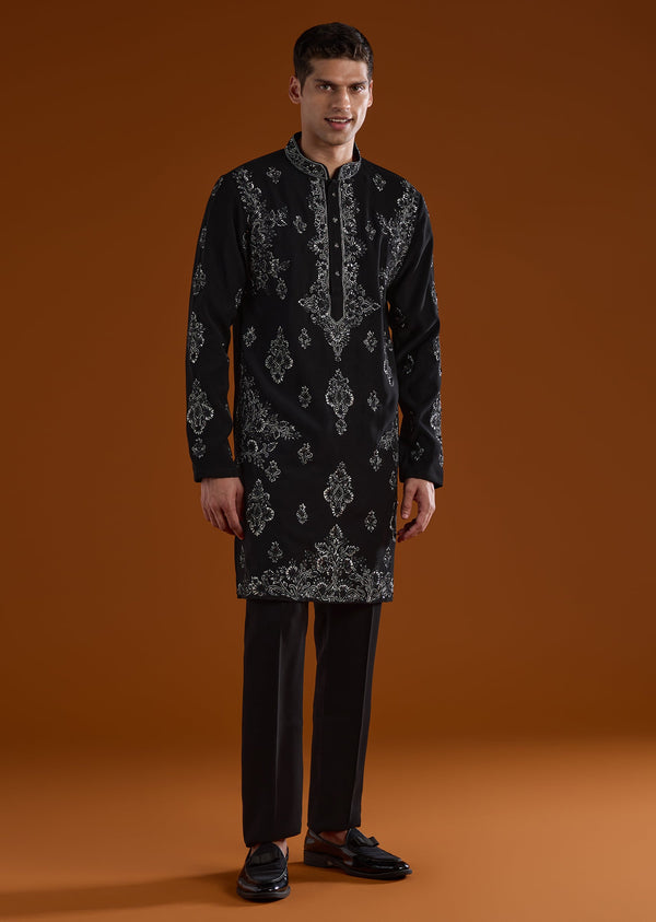 Black Silk Kurta Set With Thread And Cut Dana Work