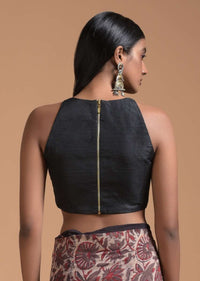 Black Sleeveless Blouse In Raw Silk With Halter Neckline