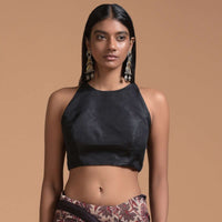 Black Sleeveless Blouse In Raw Silk With Halter Neckline