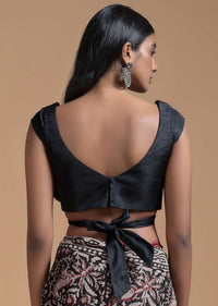 Black Sleeveless Blouse In Raw Silk With Wrap-Around Tie Up And Plunging Neckline