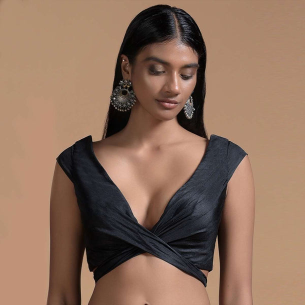 Black Sleeveless Blouse In Raw Silk With Wrap-Around Tie Up And Plunging Neckline