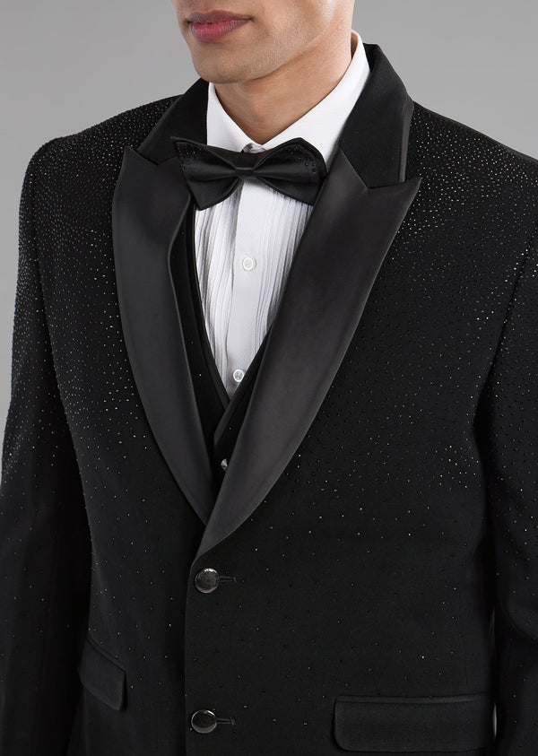 Black Stone Embellished Tuxedo and Bow Set