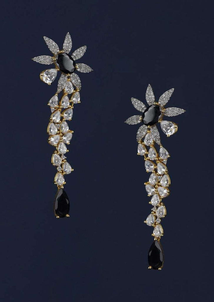 Black Stone Studded Earrings In Floral Motif With Crystals Online - Kalki Fashion Online - Kalki Fashion