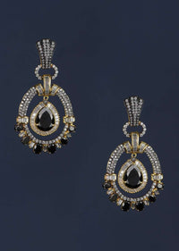 Black Stone Studded Earrings In Oval Motif With Stones And Bugle Beads Online - Kalki Fashion