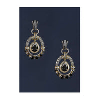 Black Stone Studded Earrings In Oval Motif With Stones And Bugle Beads Online - Kalki Fashion