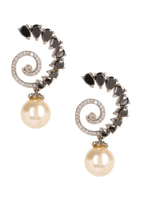 Black Stone Studded Earrings In Spiral Shape With Dangling Pearl Online - Kalki Fashion