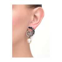 Black Stone Studded Earrings In Spiral Shape With Dangling Pearl Online - Kalki Fashion