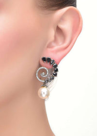 Black Stone Studded Earrings In Spiral Shape With Dangling Pearl Online - Kalki Fashion