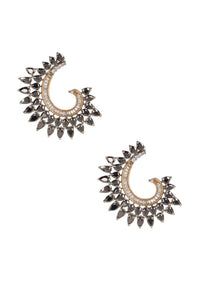 Black Stone Studded Fancy Curved Earrings With Bugle Beads And Stones Online - Kalki Fashion