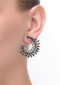 Black Stone Studded Fancy Curved Earrings With Bugle Beads And Stones Online - Kalki Fashion