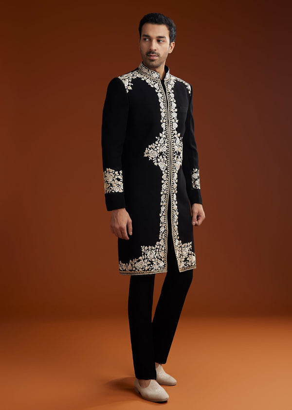 Black Suiting Indo Jacket Set With Floral Resham Embroidery