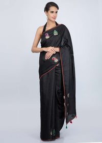 Black tussar silk saree with weaved patch butti only on Kalki