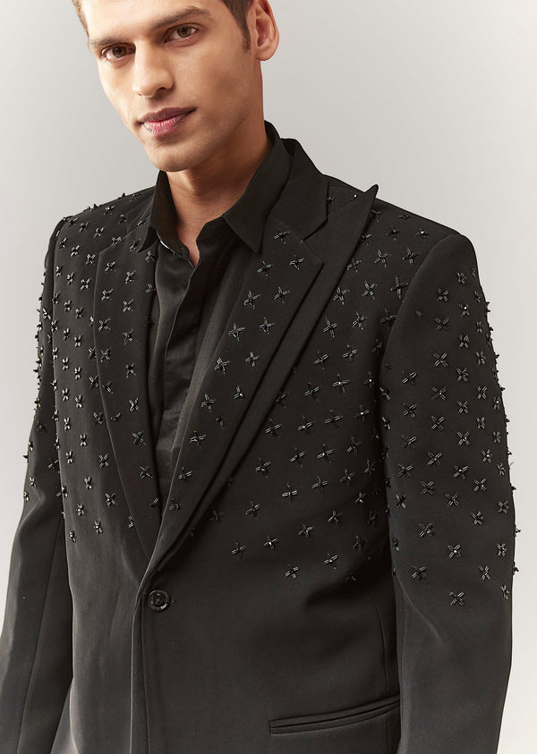 Black Tuxedo Set With Satin Organza Shirt And Cutdana Work