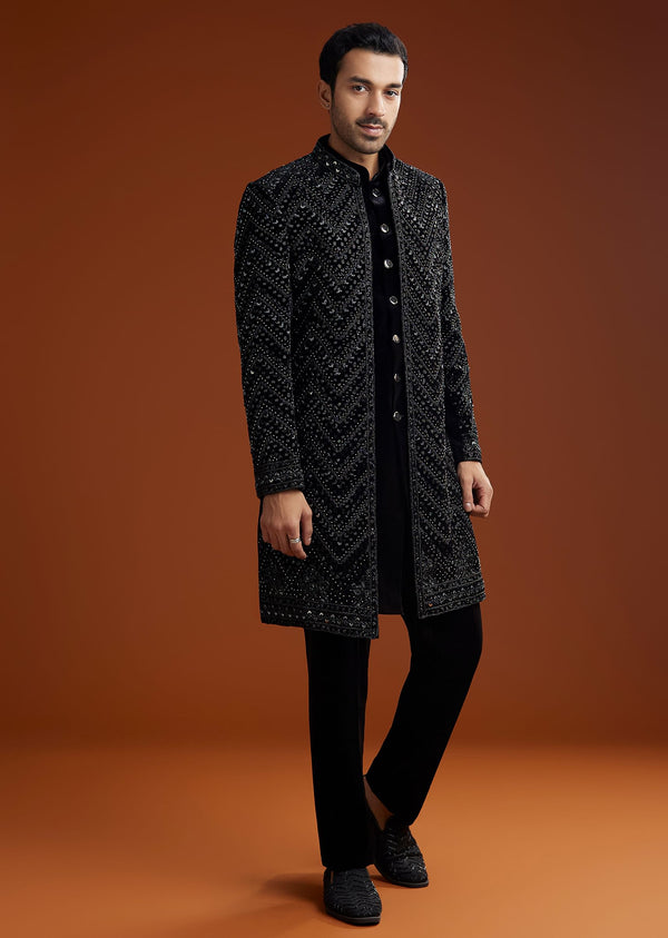 Black Velvet Embellished Indo Jacket Set