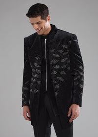 Black Velvet Indowestern Jacket Set with Bead Work