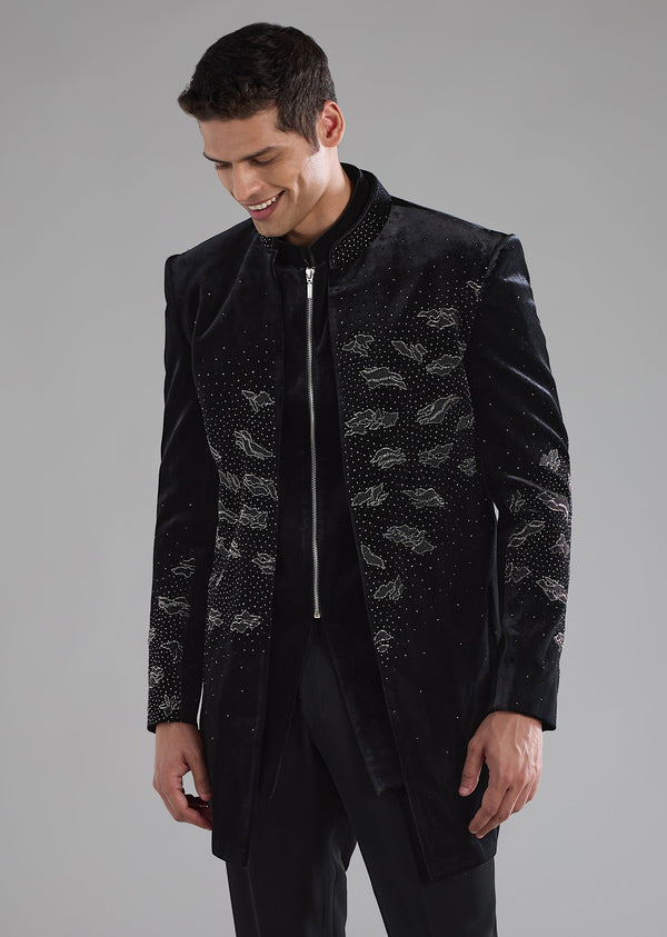 Black Velvet Indowestern Jacket Set with Bead Work