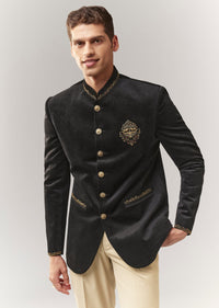 Black Velvet Jodhpuri With Metal And Resham Detailing