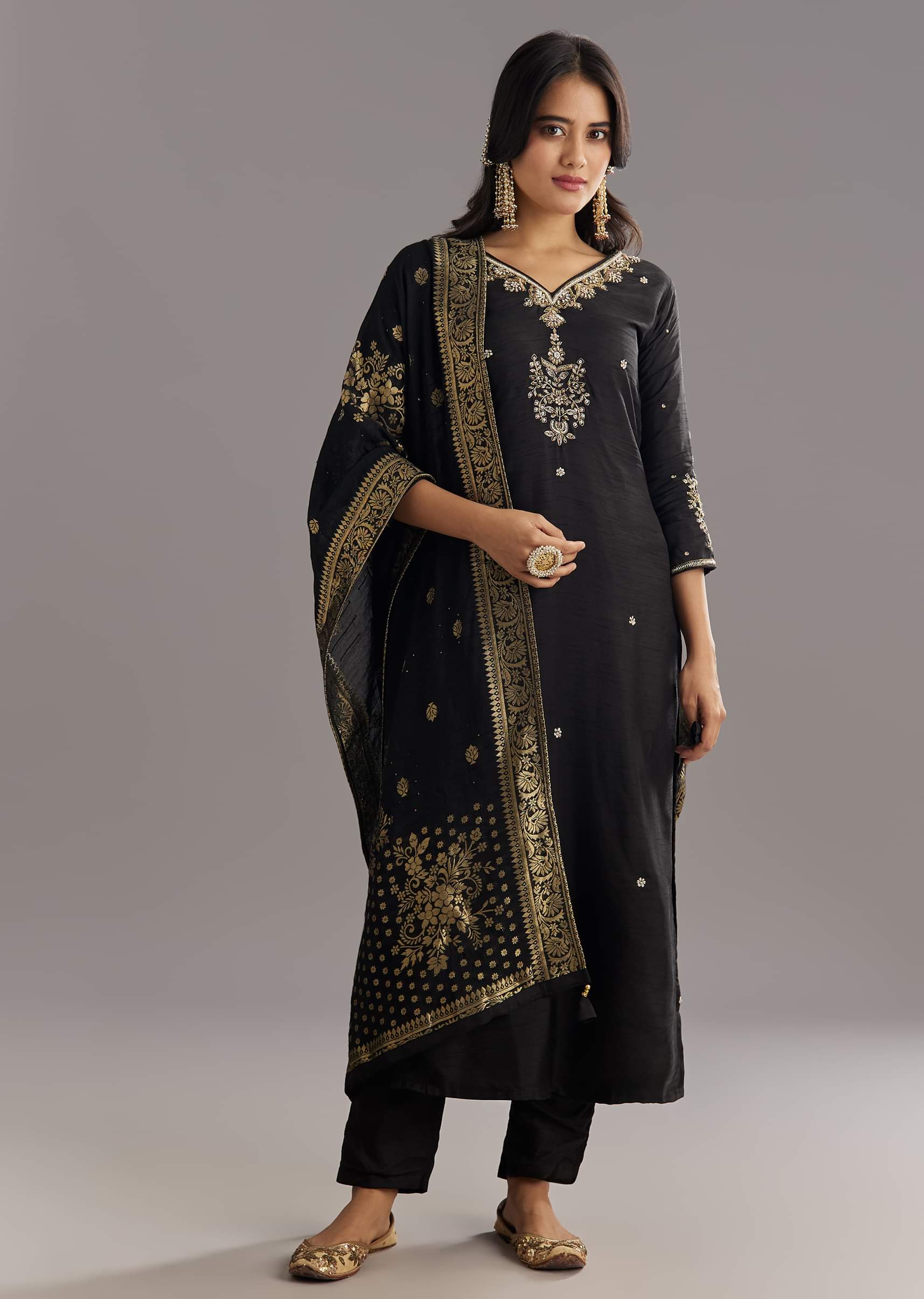 Buy Black Viscose Silk Kurta Set With Zari Moti and Cut Dana Work ...
