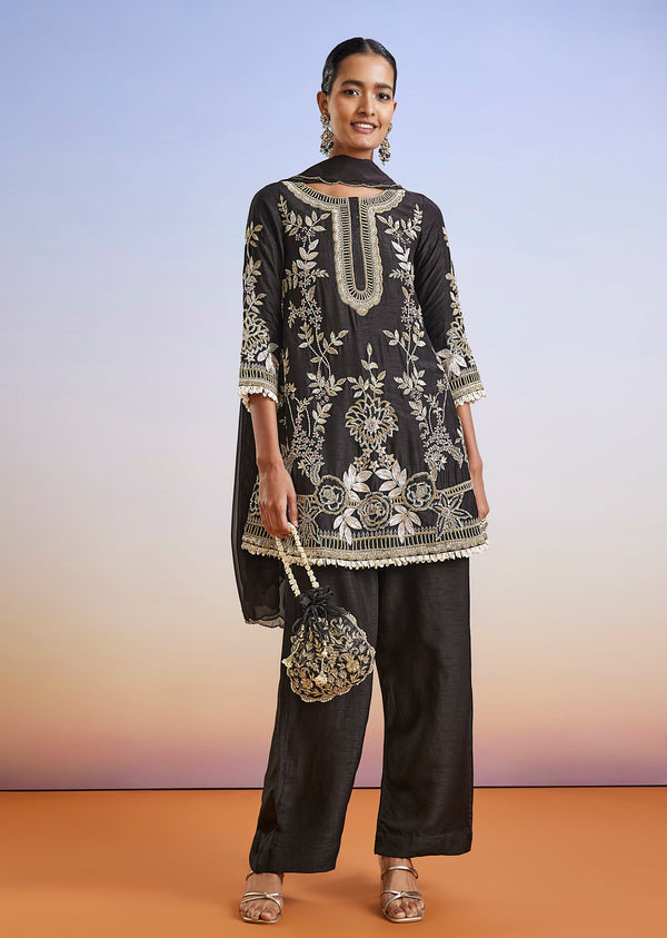 Black Zardosi Embroidered Silk Palazzo Suit With Dupatta