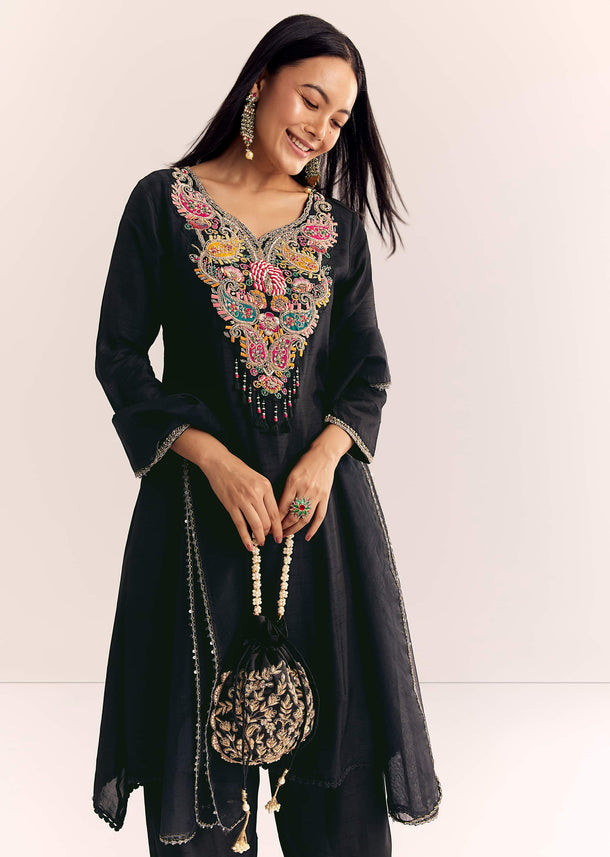 Black Zardosi Work Dola Silk Kurta Set With Organza Dupatta