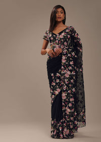 Black 3D Floral Embroidered Organza Saree