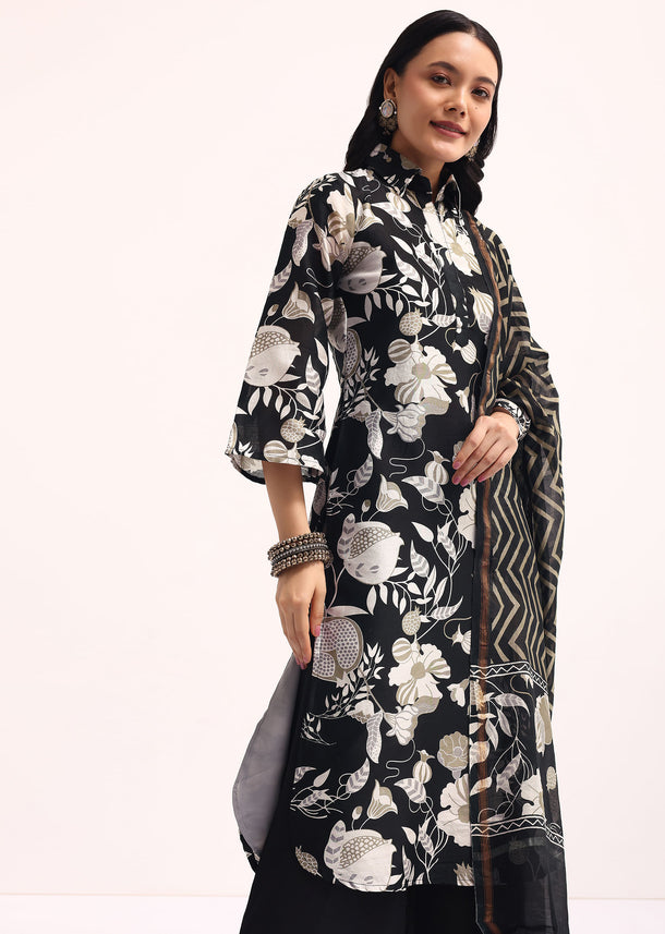 Black Abstract Printed Chanderi Kurta Palazzo Set