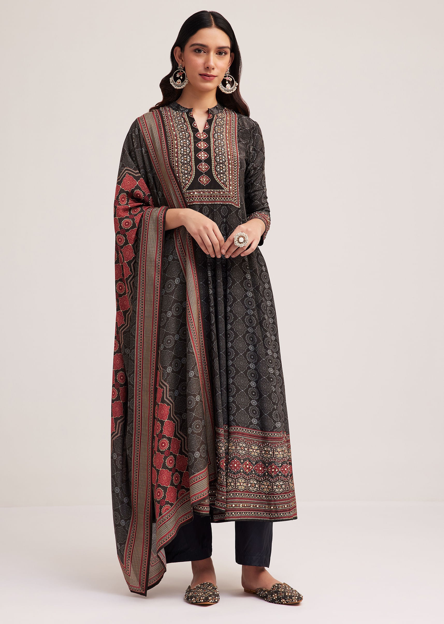 Black Stone Embellished Ajrakh Printed Anarkali Set With Dupatta
