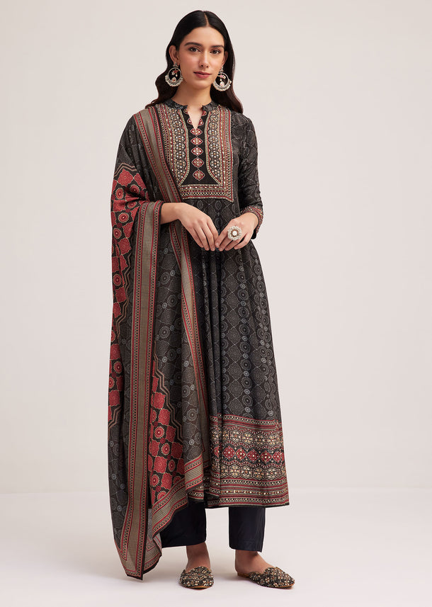 Black Ajrakh Printed Anarkali Set With Dupatta