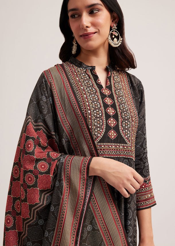 Black Ajrakh Printed Anarkali Set With Dupatta