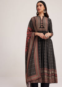 Black Ajrakh Printed Anarkali Set With Dupatta