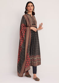Black Ajrakh Printed Anarkali Set With Dupatta