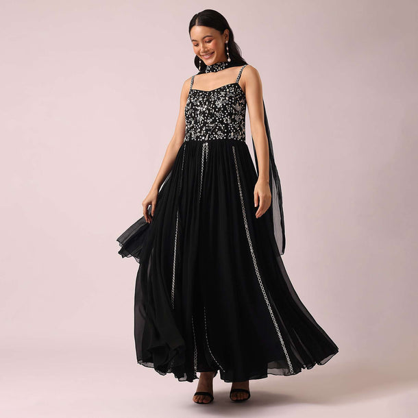 Black Anarkali Set With Mirror Embellishments