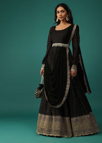 Black Anarkali Set In Georgette With Attached Drape